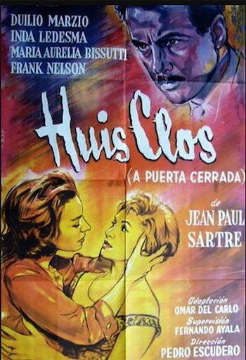 Cartel de cine con fondo de colores cálidos y siluetas. En la parte superior, un rostro masculino pensativo. Abajo, dos mujeres con una en el perfil de la otra