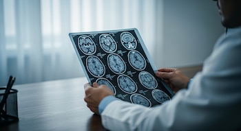 Manos de un médico con bata blanca sostienen una placa de resonancia magnética cerebral con varias secciones del cerebro sobre un escritorio.