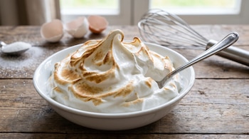 Un bol blanco con merengue suizo de superficie tostada, una cuchara, cáscaras de huevo, una cuchara con azúcar y un batidor sobre una mesa de madera rústica.