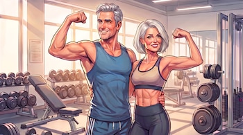 Ilustración de un hombre y una mujer de cabello gris con los bíceps flexionados en un gimnasio lleno de pesas y máquinas.