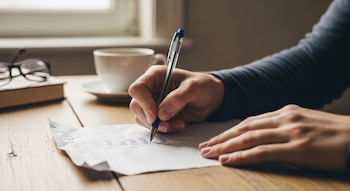Una persona escribe a mano una lista de la compra en papel rayado con un bolígrafo azul sobre una mesa de madera. Gafas y taza de café en el fondo borroso.