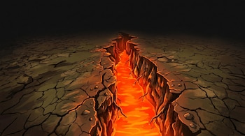 Vista aérea de una fisura profunda en el suelo agrietado. De la grieta emana luz brillante naranja y roja, simulando magma. Detalles de piedras y raíces expuestas son visibles.