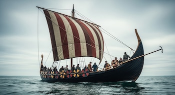 Barco vikingo con vela a rayas rojas y blancas, escudos en el costado y doce personas vestidas con ropa de época, navegando sobre el agua bajo un cielo gris.