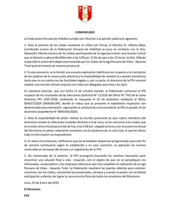FPV publicó comunicado respondiendo a