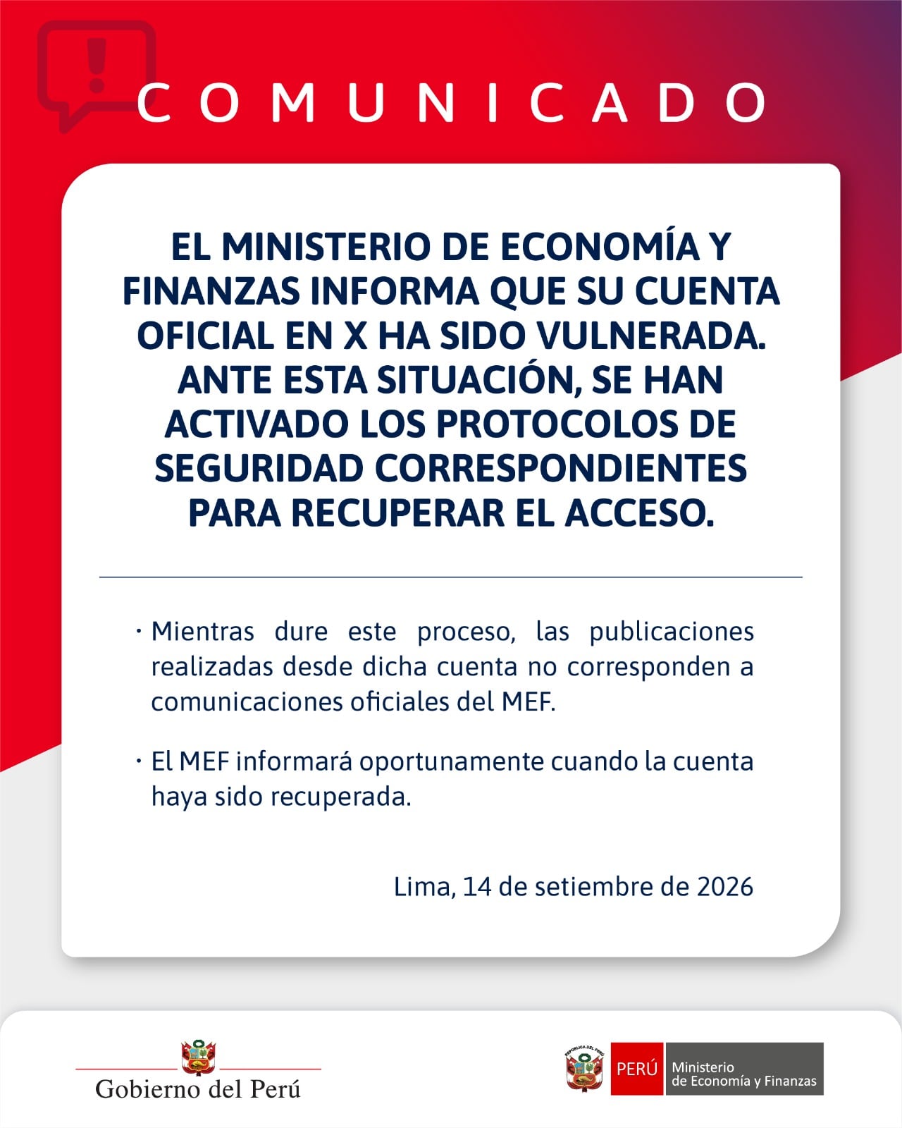 Comunicado del Ministerio de Economía y Finanzas