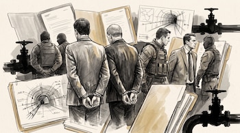 Dibujo de hombres con traje esposados, agentes con chalecos tácticos, carpetas de expedientes, válvulas de tuberías y planos de túneles.