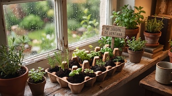 Semillero de cartón con brotes, macetas y un cartel de madera sobre el alféizar de una ventana con gotas de lluvia.