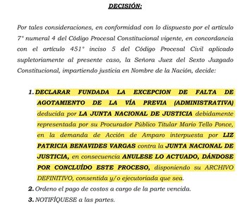 Archivan amparo de Patricia Benavides