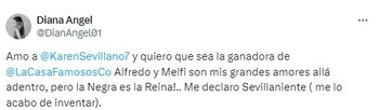 Diana Ángel quiere que gane Karen Sevillano y pidió votos a su favor - crédito @DianAngel01/X