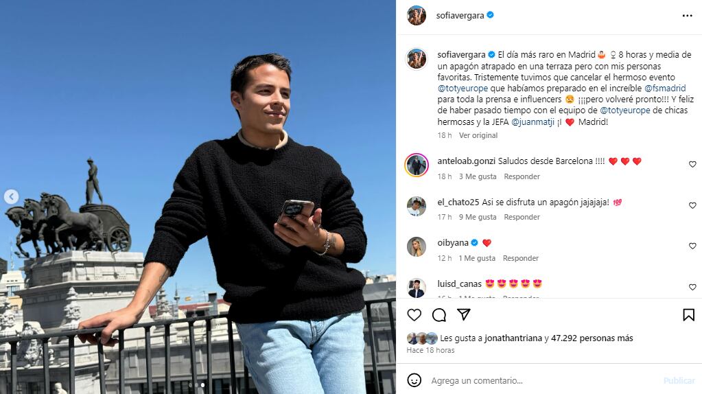 Sofía Vergara también vivió los padecimientos del apagón en España - crédito @sofiavergara/IG