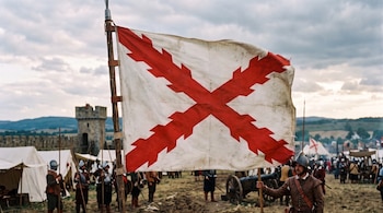 Una bandera blanca con una Cruz de Borgoña roja frente a personas con atuendos históricos, tiendas de campaña y una torre de piedra.