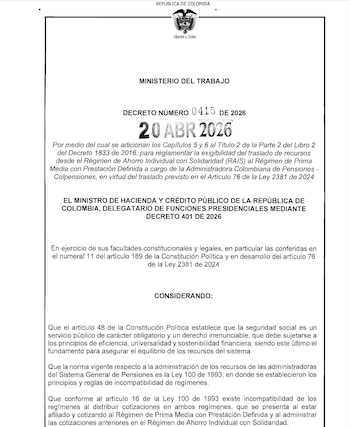 El Decreto 0415 de 2026 ordena a las AFP transferir unos $25 billones a Colpensiones para cubrir pensiones de afiliados que se trasladaron al régimen público - crédito @Colpensiones / X