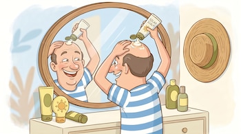 Ilustración de un hombre calvo aplicando protector solar en su cabeza frente a un espejo, con su reflejo sonriendo, y varios productos en el tocador.