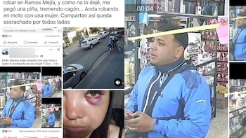 Capturas de publicaciones de internet, grabaciones de seguridad de un hombre en una tienda y la foto del rostro de una mujer con un ojo morado