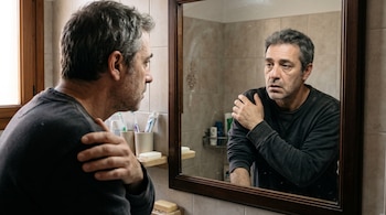 Un hombre frente al espejo del baño con una mano apoyada en el brazo contrario y su rostro reflejado.