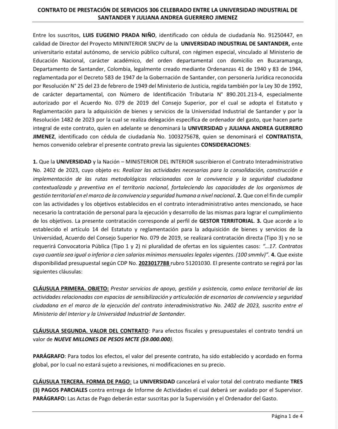 Juliana Guerrero y la Universidad Industrial de Santander firmaron contratos cuestionados por la falta de evidencia documental en la gestión territorial - crédito @JenniferPedraza/X