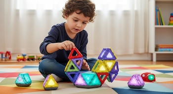 Un niño pequeño se sienta en un tapete de juego colorido, construyendo una estructura con piezas triangulares magnéticas que emiten luz.