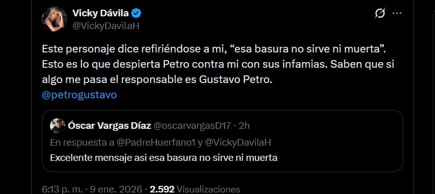 Vicky Dávila denunció una amenaza de un usuario en redes sociales, señalando que era seguidor de Gustavo Petro - crédito @VickyDavilaH/X
