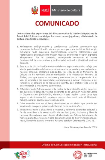 El Ministerio de Cultura pidió