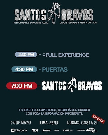Cartel promocional del evento Santos Bravos en Lima, Perú, con fondo oscuro y texto en blanco y gris. Muestra horarios, fecha y lugar