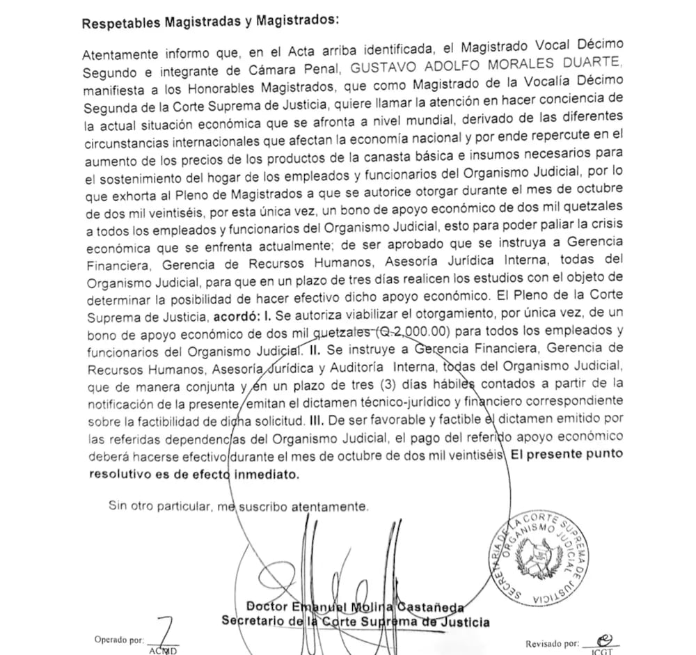 El pleno de la Corte Suprema de Justicia formalizó la medida en el acta 54-2026 tras una iniciativa impulsada por el magistrado Gustavo Morales Duarte. (Prensa Libre)