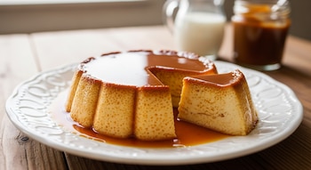 Un flan de dulce de leche completo con una porción separada en un plato blanco. La base está bañada en caramelo líquido. Al fondo, se ven una jarra de leche y un frasco de dulce de leche.