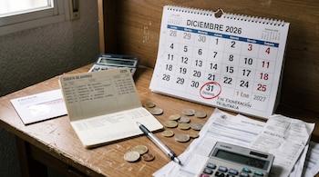 Un calendario de diciembre de 2026 con un círculo rojo en el día 31, una libreta de ahorro abierta, monedas, un bolígrafo y varias facturas.
