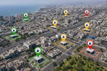 Vista aérea de una ciudad costera con marcadores verdes, amarillos y rojos situados sobre varias estaciones de servicio.