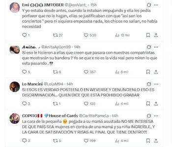 Captura de pantalla de cuatro publicaciones de la red social X con mensajes de texto en español y métricas de interacción