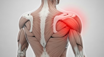 Ilustración 3D de la musculatura de la espalda superior y el hombro de una persona, con una zona de dolor marcada en rojo en el hombro derecho.