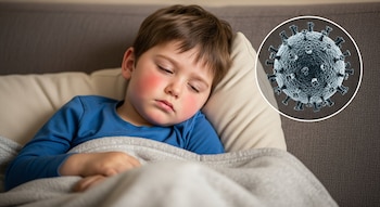 Niño pequeño con mejillas enrojecidas y ojos cerrados, cubierto con una manta gris en un sofá, con una imagen circular de un virus microscópico al lado.