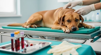 Perro de pelo castaño claro acostado en camilla de acero inoxidable con tela verde, manos enguantadas, bandeja con tubos de sangre, jeringa y guantes.