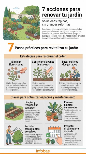 Infografía con ilustraciones de tareas de jardinería, textos explicativos, siete pasos numerados y un calendario de poda.
