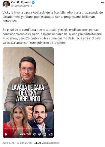 Camilo Romero se despachó contra Vicky Dávila por entrevista que hizo la periodista al abogado Abelardo de la Espriella - crédito @CamiloRomero/X