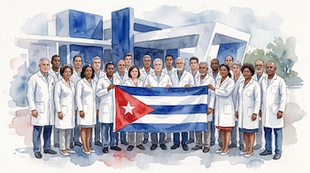 Ilustración en acuarela de un grupo de profesionales de la salud con batas blancas sosteniendo la bandera de Cuba.