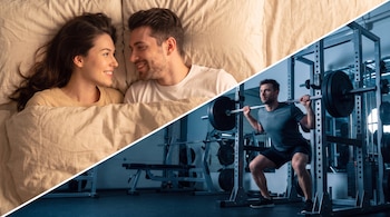Una pareja acostada en una cama sonríe a la izquierda y un hombre realiza sentadillas con una barra de pesas en un gimnasio a la derecha.