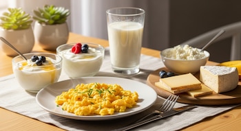 Vista aérea de una mesa de madera con un desayuno proteico: huevos revueltos, dos yogures griegos, leche, requesón y una tabla de quesos variados.