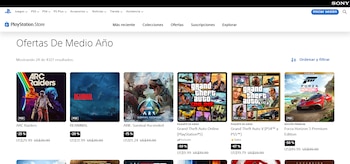 Captura de pantalla del sitio web de PlayStation Store con el título "Ofertas De Medio Año" y un listado de seis carátulas de videojuegos con sus precios y descuentos