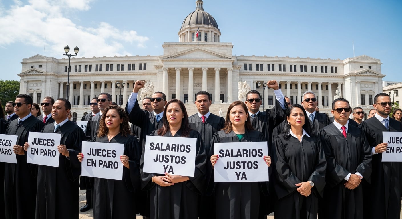 Un grupo de jueces dominicanos, vestidos con togas, se manifiesta frente a un edificio judicial, alzando pancartas que exigen
