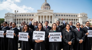 Jueces dominicanos en togas negras protestan frente a un edificio clásico blanco con columnas y cúpula. Sostienen pancartas y algunos levantan el puño.