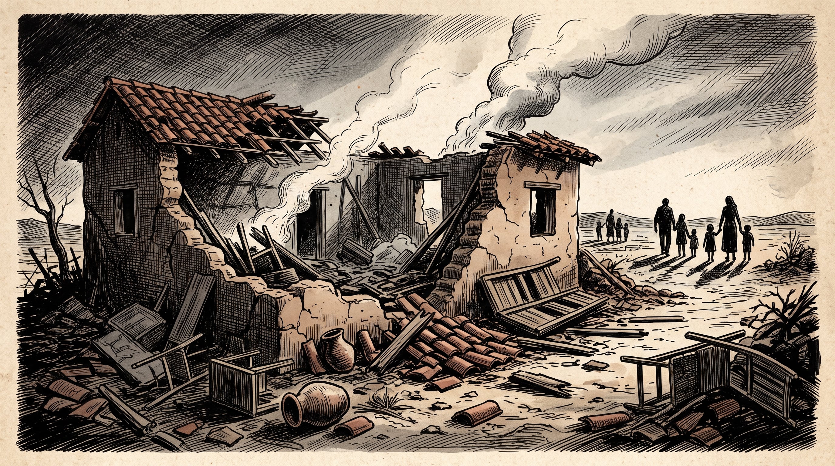 Un caserío de adobe destruido y humeante antecede a siluetas de familias que caminan hacia el horizonte en una zona rural. (Imagen Ilustrativa Infobae)