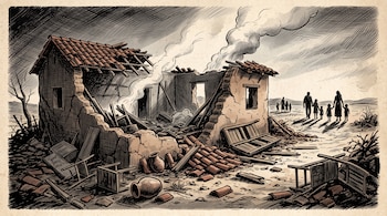 Ilustración de una casa de adobe derruida con humo, tejas rotas y vasijas en el suelo, con siluetas de personas caminando al fondo.