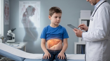Un niño en camilla con abdomen parcialmente transparente revelando el hígado, frente a un médico. Una silueta desenfocada de mujer embarazada en el fondo.