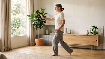 Una mujer descalza vestida de blanco y gris realiza una postura de tai chi sobre un suelo de madera junto a una ventana