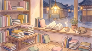 Acuarela de un interior con libros apilados, una lámpara encendida, una taza humeante, una planta y un gato dormido junto a la ventana.
