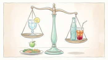 Ilustración de una balanza con agua a la izquierda, bebidas azucaradas a la derecha y una manzana que cae en un plato.