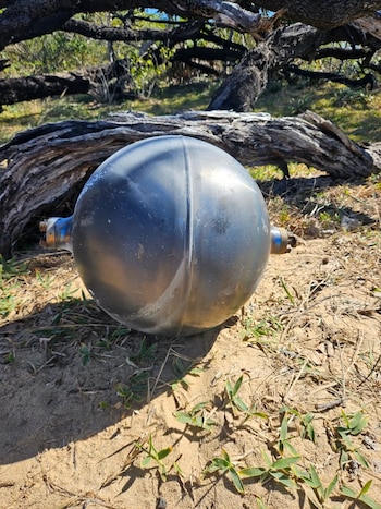 Esfera metálica de gran tamaño con conexiones laterales sobre terreno arenoso, junto a pequeñas plantas verdes y troncos de árboles secos