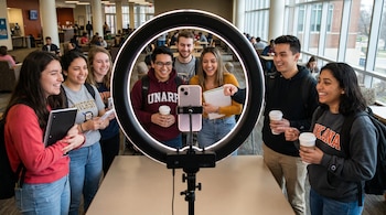 Un grupo de estudiantes sonrientes se reúne alrededor de un aro de luz con un teléfono inteligente en un vestíbulo universitario, con ventanas grandes.