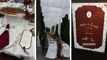 Tres imágenes de una boda: un plato con menú, una mesa de banquete al aire libre y un cartel con los nombres de los novios