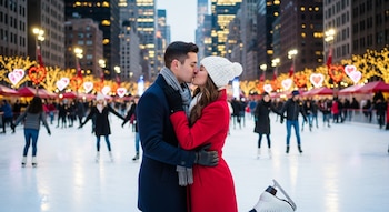 Pareja besándose en una pista de hielo rodeada de personas, luces y corazones en Nueva York